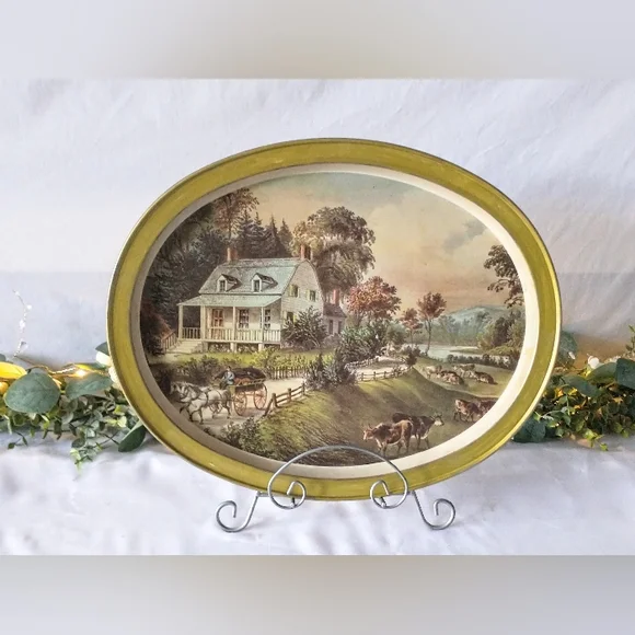 Vintage Currier & Ives Oval Tray - "The American Homestead" - Picture 4 of 11